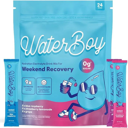 Waterboy Weekend Recovery Variety | 3,200mg Electrolyte Powder Packets | Ginger + L-Theanine + Vitamins | No Sugar, All Na...