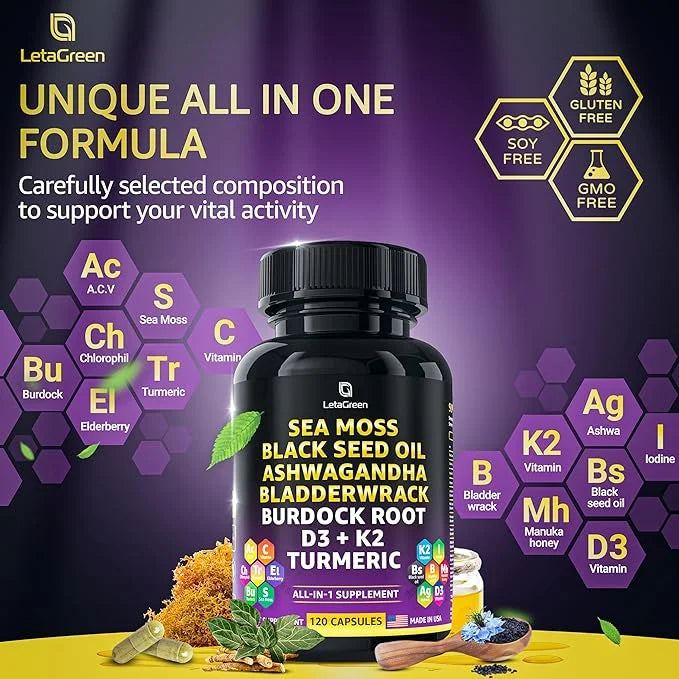 Sea Moss 3000mg Black Seed Oil 2000mg Ashwagandha 1000mg Bladderwrack 1000mg Burdock 1000mg Turmeric 1000mg & D3, K2 K2 wi...