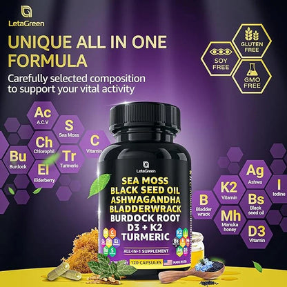 Sea Moss 3000mg Black Seed Oil 2000mg Ashwagandha 1000mg Bladderwrack 1000mg Burdock 1000mg Turmeric 1000mg & D3, K2 K2 wi...