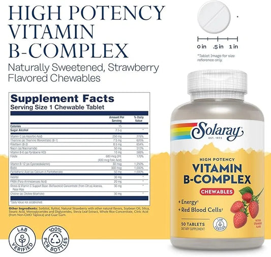 Solaray Vitamin B-Complex Chewables, Strawberry, Healthy 50 Tablets