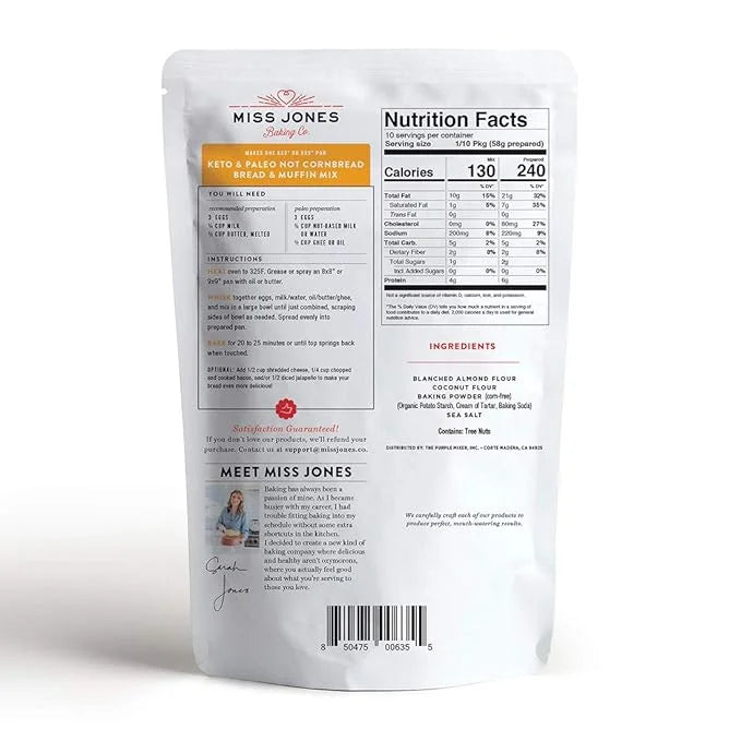 Miss Jones Baking Not Cornbread Muffin Mix - Almond Flour, Gluten Free, Low Carb, No Sugar Added, Naturally Sweetened Dess...