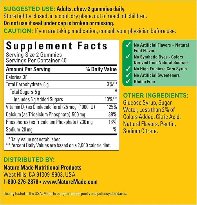 Nature Made Calcium Gummies 500 mg D3, Dietary 80 Gummies, 40 Day