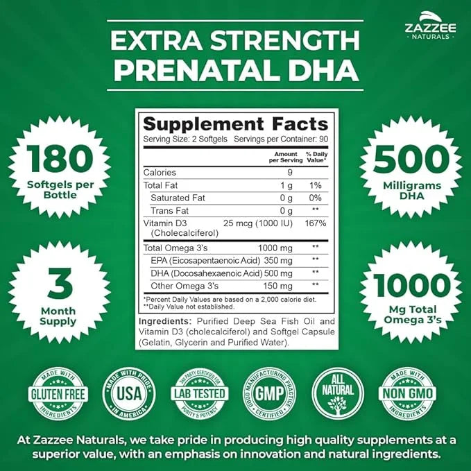 Zazzee Extra Strength Prenatal DHA 500 180 Enteric 1000 mg 3’s, 1000 1000 UI D3, Burp