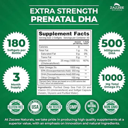 Zazzee Extra Strength Prenatal DHA 500 180 Enteric 1000 mg 3’s, 1000 1000 UI D3, Burp