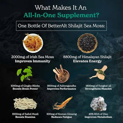 Shilajit Capsules with Sea Moss, Ashwagandha 10 in 1 Supplemet 60 Servings, 120 Capsules