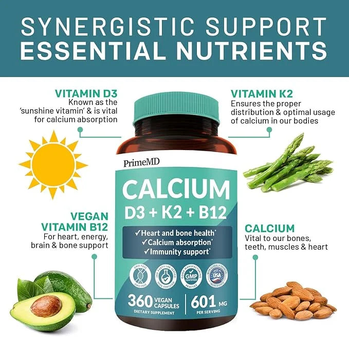 PrimeMD 4-in-1 Calcium Supplements for Women 600mg with D3 K2 K2 B12 B12 5000 5000 IU (360 Count)