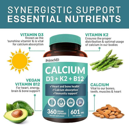 PrimeMD 4-in-1 Calcium Supplements for Women 600mg with D3 K2 K2 B12 B12 5000 5000 IU (360 Count)