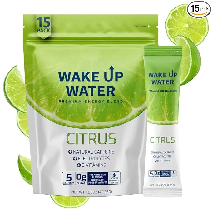 Wake Up Water - Energy + Hydration Sugar Free 15 Packs, Citrus Flavor - Energy Drink Powder, Electrolytes Powder Drink, Na...