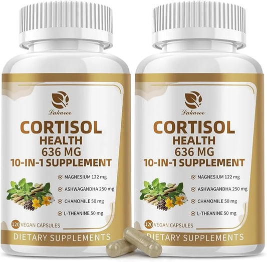10-in-1 Cortisol Supplements with Magnesium, Ashwagandha, Chamomile, L-Theanine, Phosphatidylserine, St. John's Wort, Rhod...