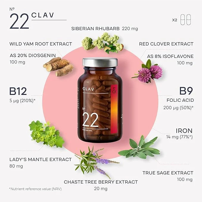 CLAV® Natural Hormone Balance for Women - PMS Relief with Siberian Rhubarb, Wild Yam & Vitex Berry - Vegan Menstrual Regul...