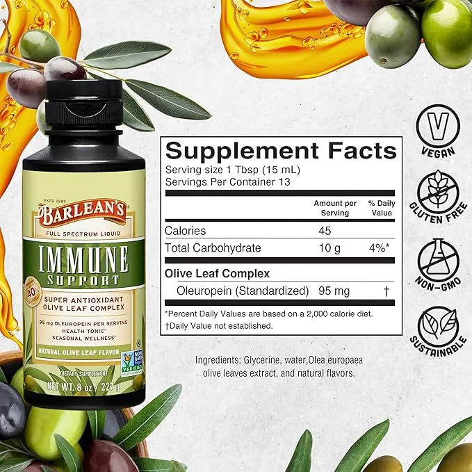 Barlean's Olive Leaf Complex Liquid Immune Support Supplement with 95mg Oleuropein Antioxidants, 8 Ounce - Product Image