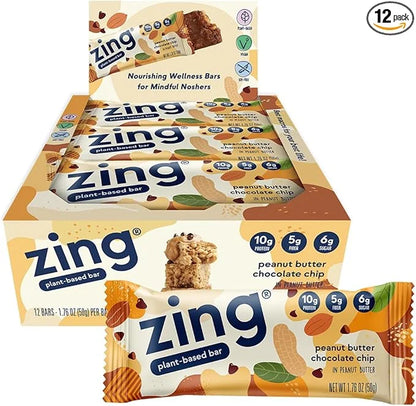 Zing Peanut Butter Chocolate Chip Vegan Protein Bars, Gluten Free with High Protein, High Fiber, Dairy Free Nutrition Bars...