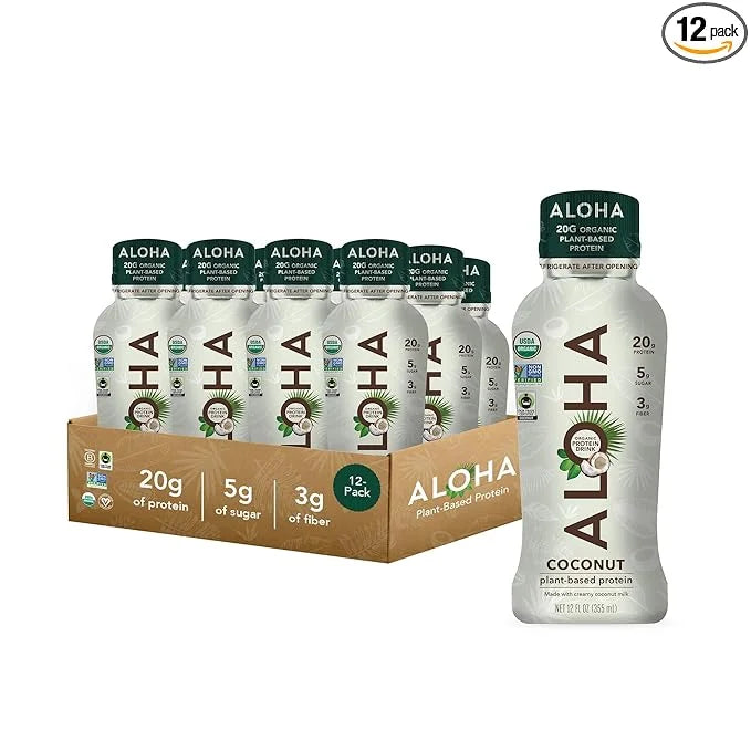 ALOHA Organic Plant Based Coconut Protein Shake w/MCT Oil (12 ct, 12oz Bottle) 20g Protein, Meal Replacement, Low Sugar & ...