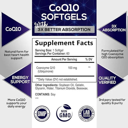 CoQ10 100mg Softgels, Superior Co Q10 Q10 Vitamin 60 Count