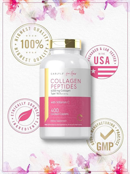 Carlyle Collagen Peptides 6000mg | 400 Caplets | with Vitamin C | Type 1 and 3 | Non-GMO, Gluten Free, Grass Fed Supplemen...