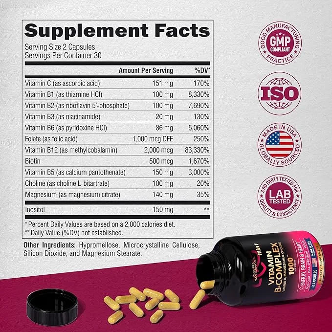 Vitamin B Complex for Men & Women 11-in-1 B-Complex: B1, B2, B2, B3, B3, B5, B5, B6, B6, B7, B7, B8, B8, B9, B9, B12 B12 w...