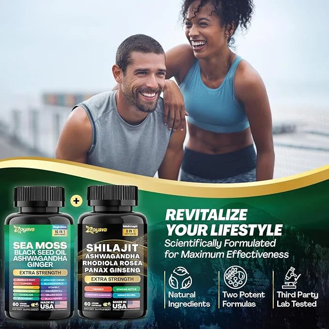 Zoyava Dynamic Vitality Bundle, Sea Moss 7000mg, Black 4000mg, Ashwagandha 2000mg, Ginger 9000mg, Rhodiola 1000mg, Panax (...