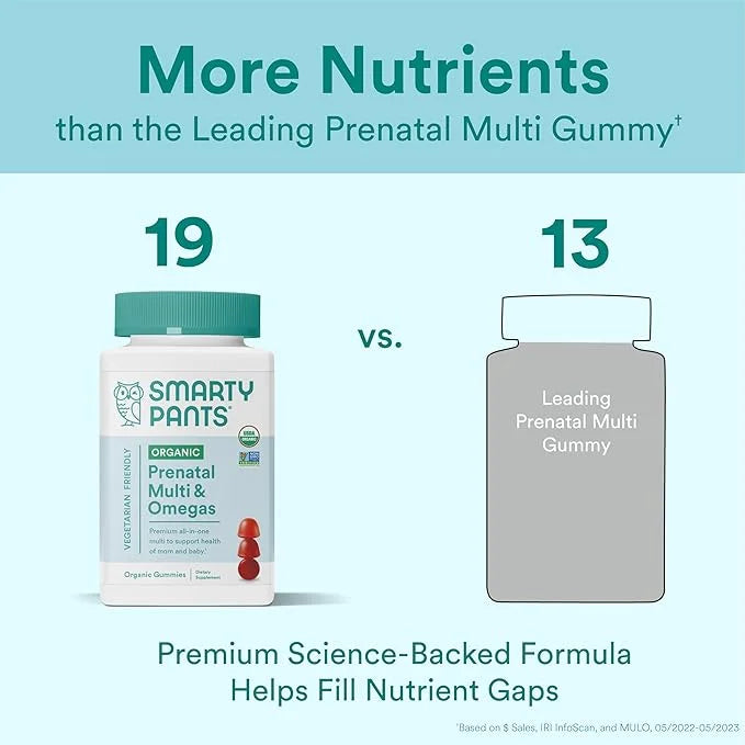 SmartyPants Organic Prenatal Vitamins for Women, 3 (ALA), D3, C, B12, B6, B6, Vitamin K2 & 120 Count (30 Day