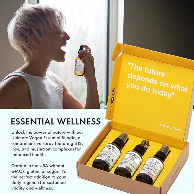 Ultimate Vegan Essential Bundle Liquid Spray- B12 Methylcobalamin, 2 Fl 360 Days