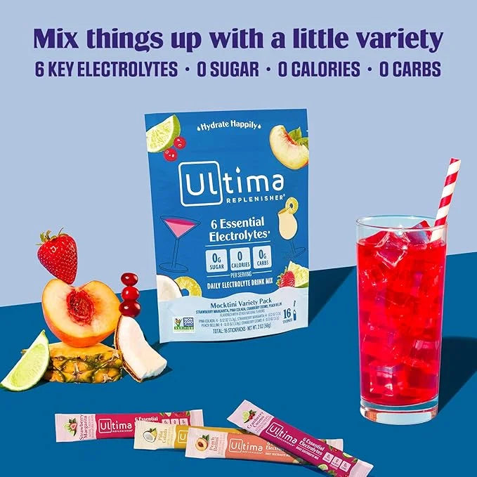 Ultima Replenisher Daily Electrolyte Powder Drink Mix – Mocktini Variety, 16 Stickpacks – Hydration Packets with 6 Key Ele...