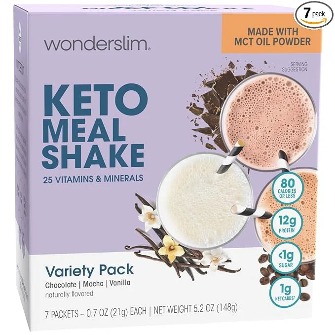 WonderSlim Keto Meal Replacement Shake, Variety Pack, Low Carb, C8 MCTs, 12g Protein, Collagen, 25 Vitamins & Minerals, Gl...