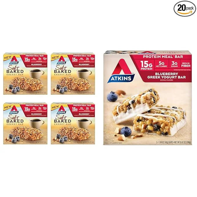 Atkins Blueberry Soft Baked & Greek Yogurt Protein Meal Bars, 15g Protein, 2-3g Sugar, High Fiber, Low Carb, 4 Packs (20 B...