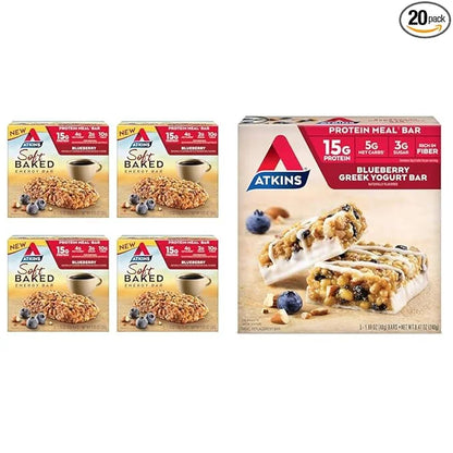 Atkins Blueberry Soft Baked & Greek Yogurt Protein Meal Bars, 15g Protein, 2-3g Sugar, High Fiber, Low Carb, 4 Packs (20 B...