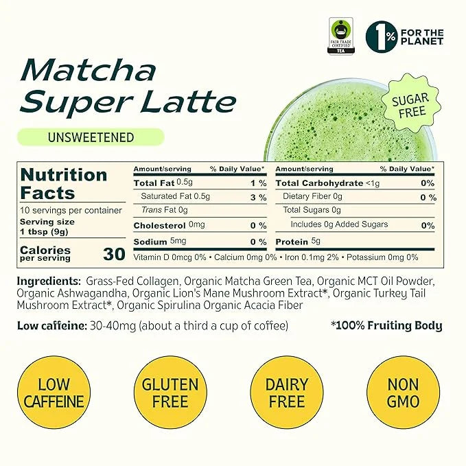 JIBBY Mushroom Matcha Super Latte - Ceremonial Grade Green Tea Organic Matcha Powder, Collagen, MCT Oil, Superfood Mushroo...