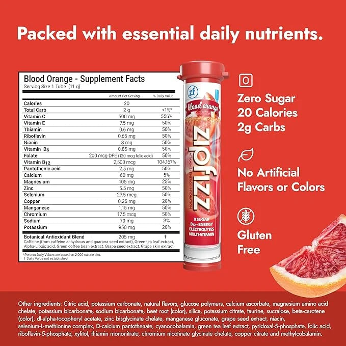 Zipfizz Daily Energy Drink Powder, Blood Orange, 20 Pack | 3-in-1 Sustained Energy, Rapid Hydration, and Essential Vitamin...