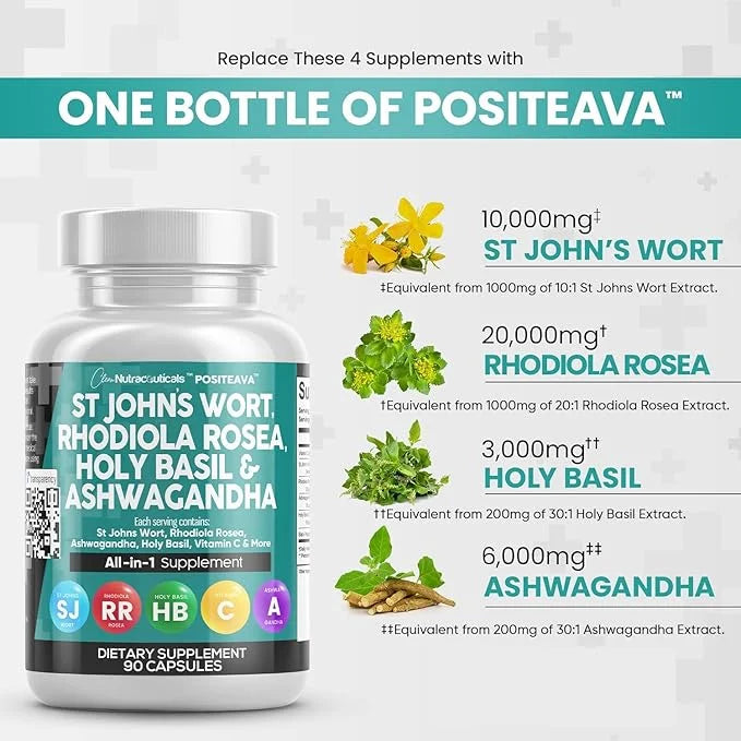 Clean Nutraceuticals St Johns Wort 10000mg 20000mg Holy 3000mg Ashwagandha 6000mg - 90 Caps