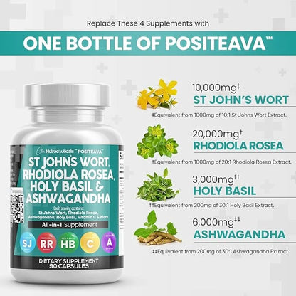 Clean Nutraceuticals St Johns Wort 10000mg 20000mg Holy 3000mg Ashwagandha 6000mg - 90 Caps