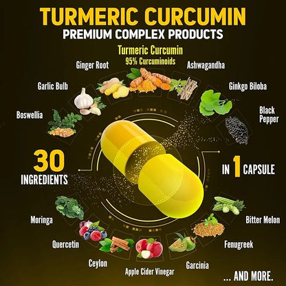 30 in 1 Turmeric Curcumin + 95% Curcuminoids, 20000mg, with 90 Capsules