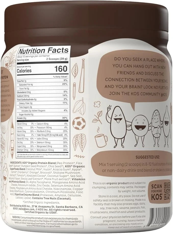 KOS Vegan Protein Powder, Chocolate USDA Organic 10 Servings
