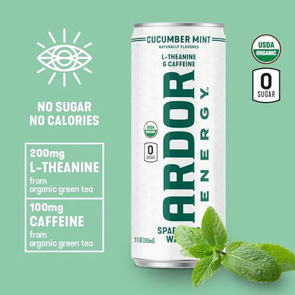 ARDOR ENERGY Sparkling Water Cucumber Mint 12 pack with 100mg Organic Caffeine from Green Tea & 200mg Organic L-Theanine (...