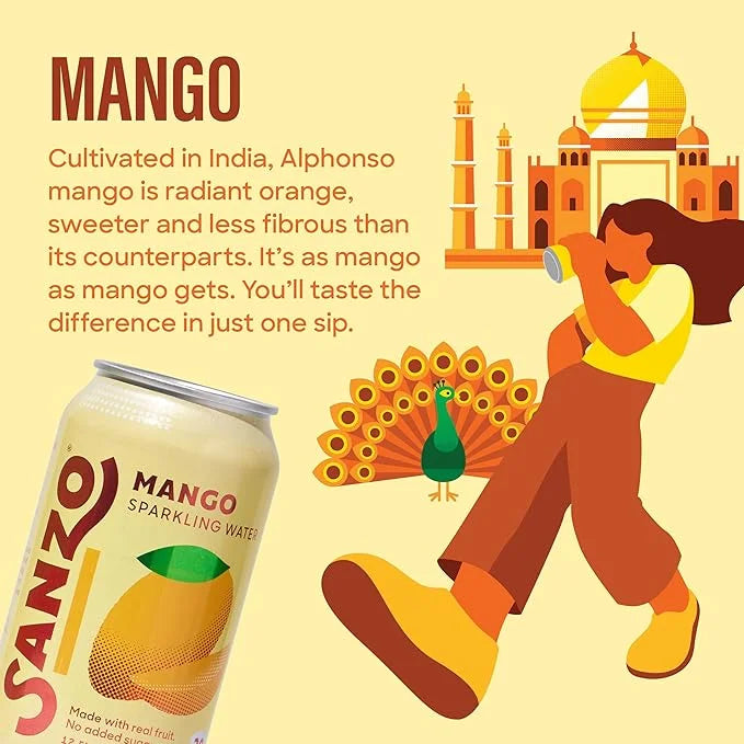 Sanzo Flavored Sparkling Water - Mango (Alphonso), 12-Pack - Carbonated Drink Made with Real Fruit & Sugar-Free - Non-GMO,...