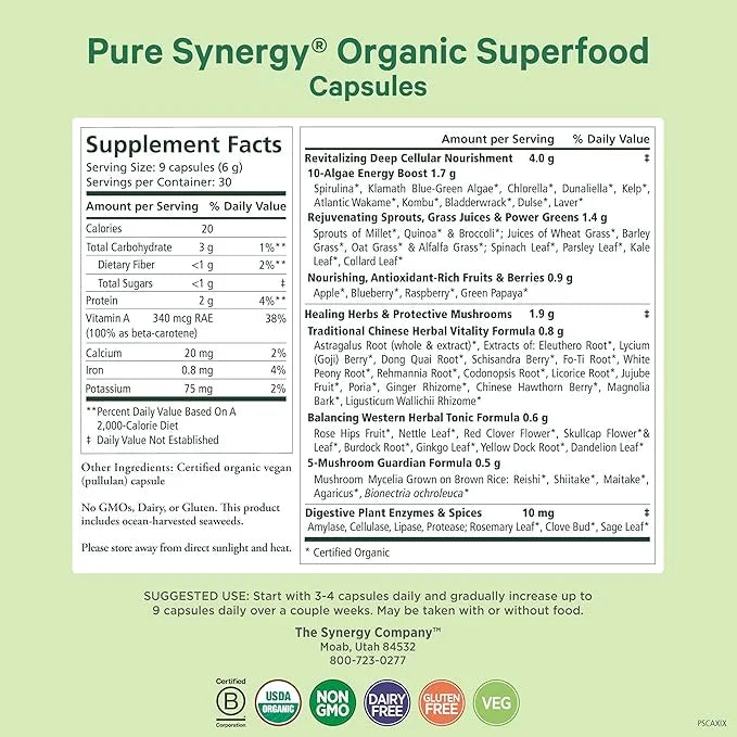 PURE SYNERGY Superfood Capsules | Organic Superfood & Greens Supplement | Whole Food Capsules with Super Greens, Spirulina...
