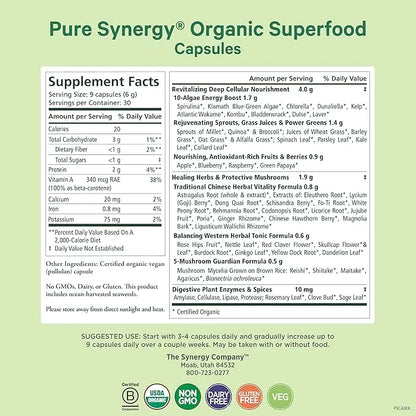PURE SYNERGY Superfood Capsules | Organic Superfood & Greens Supplement | Whole Food Capsules with Super Greens, Spirulina...