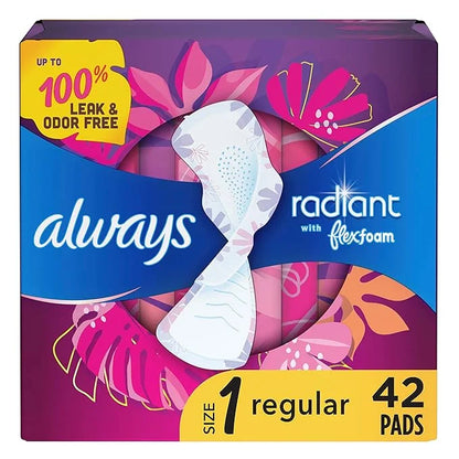 Always Radiant Feminine Pads for Women, 1 Regular, 42 CT