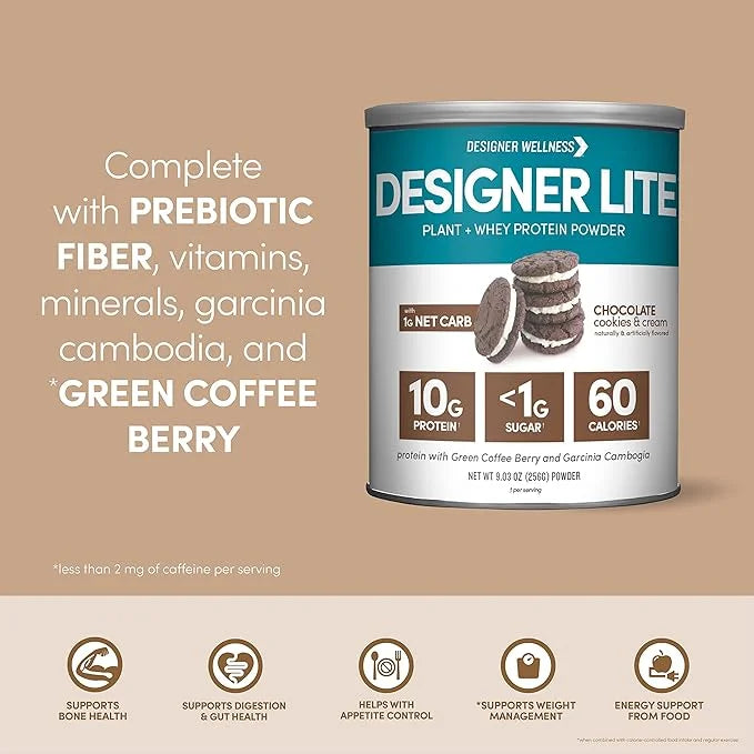 Designer Wellness, Designer Lite, Low Calorie Natural Protein, Prebiotic Fiber, Key Vitamins & Minerals,Chocolate Cookies ...