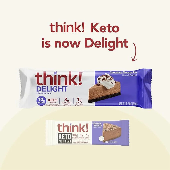 think! Delight, Keto Protein Bars, Healthy Low Carb, Gluten Free Snack - Chocolate Mousse Pie, 10 Count (Packaging May Var...