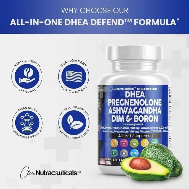 DHEA 200mg Supplement Pregnenolone 100mg for Men & Women with DIM Ashwagandha Boron 6mg Complex Calcium Magnesium Zinc 50m...