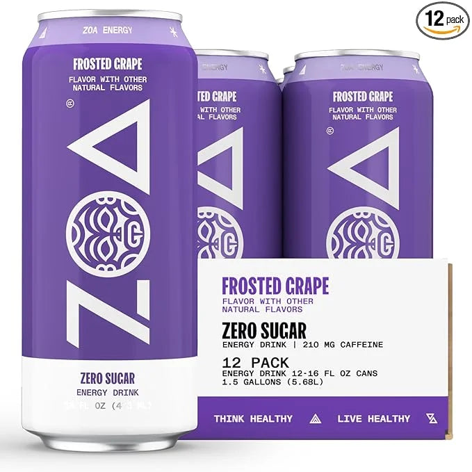 ZOA Zero Sugar Energy Drinks, Frosted Grape - Sugar Free with Electrolytes, Healthy Vitamin C, Amino Acids, Essential B-Vi...