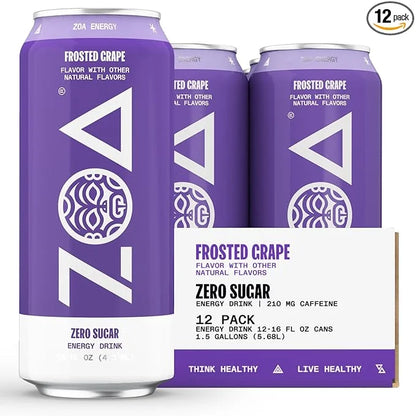 ZOA Zero Sugar Energy Drinks, Frosted Grape - Sugar Free with Electrolytes, Healthy Vitamin C, Amino Acids, Essential B-Vi...