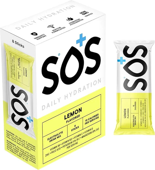 SOS Hydration Electrolyte Powder Packets, Lemon Flavor, 8 Stick Packs – Low-Calorie, Zero Sugar, Rapid Rehydration, Made i...