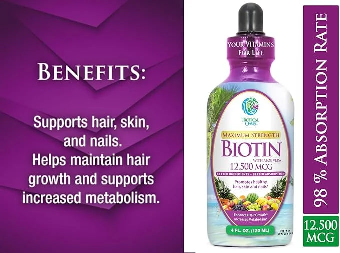 Maximum Strength Liquid Biotin Drops w/ 12,500 MCG -5X More 4oz, 30 30 Serv