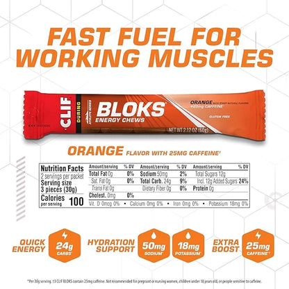 CLIF BLOKS - Orange Flavor with Caffeine - Energy Chews - Non-GMO - Plant Based - Fast Fuel for Cycling and Running - Quic...