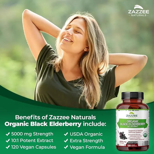 Zazzee USDA Organic Black Elderberry 10:1 5000 mg 120 Vegan 2 Month 10X Extract, 100% Vegetarian,