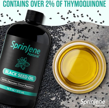 SprinJene Natural® 100% Pure Organic Black Seed Oil Cold Pressed for Oral Wellness, Nigella Sativa Black Seed Oil, Black C...