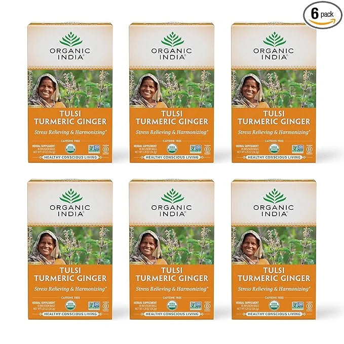 ORGANIC INDIA Tulsi Turmeric Ginger Herbal Tea - Stress Relieving & Harmonizing, Immune Support, Aids Digestion, Vegan, Ca...