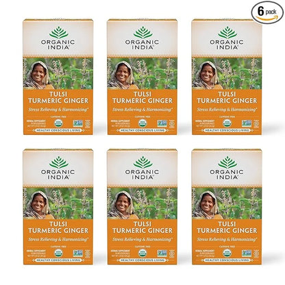 ORGANIC INDIA Tulsi Turmeric Ginger Herbal Tea - Stress Relieving & Harmonizing, Immune Support, Aids Digestion, Vegan, Ca...